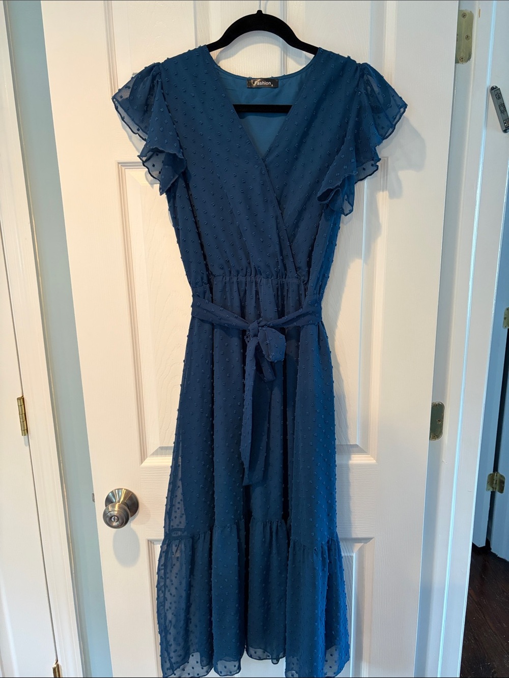 Fashion Brand Company Teal-Blue Swiss Dot Wrap Midi Dress